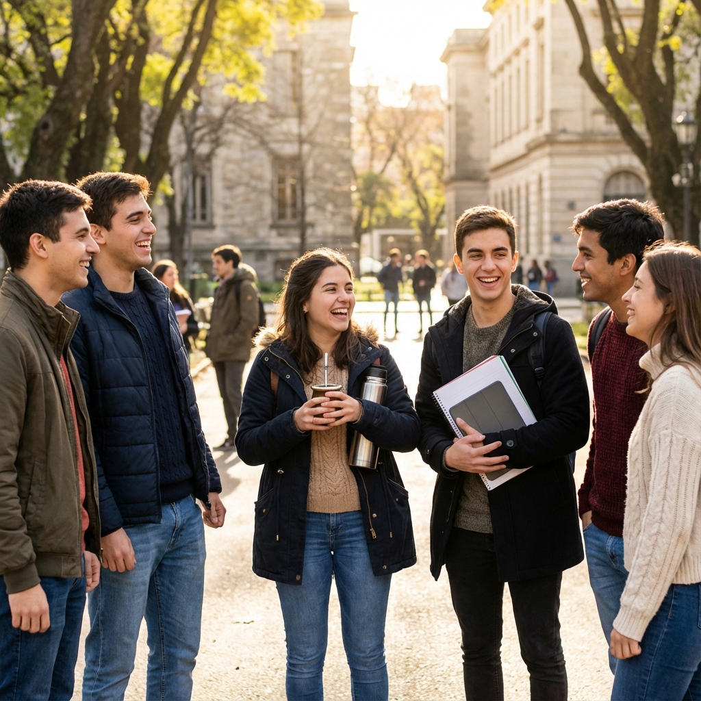 Estudiantes universitarios argentinos en campus con mate